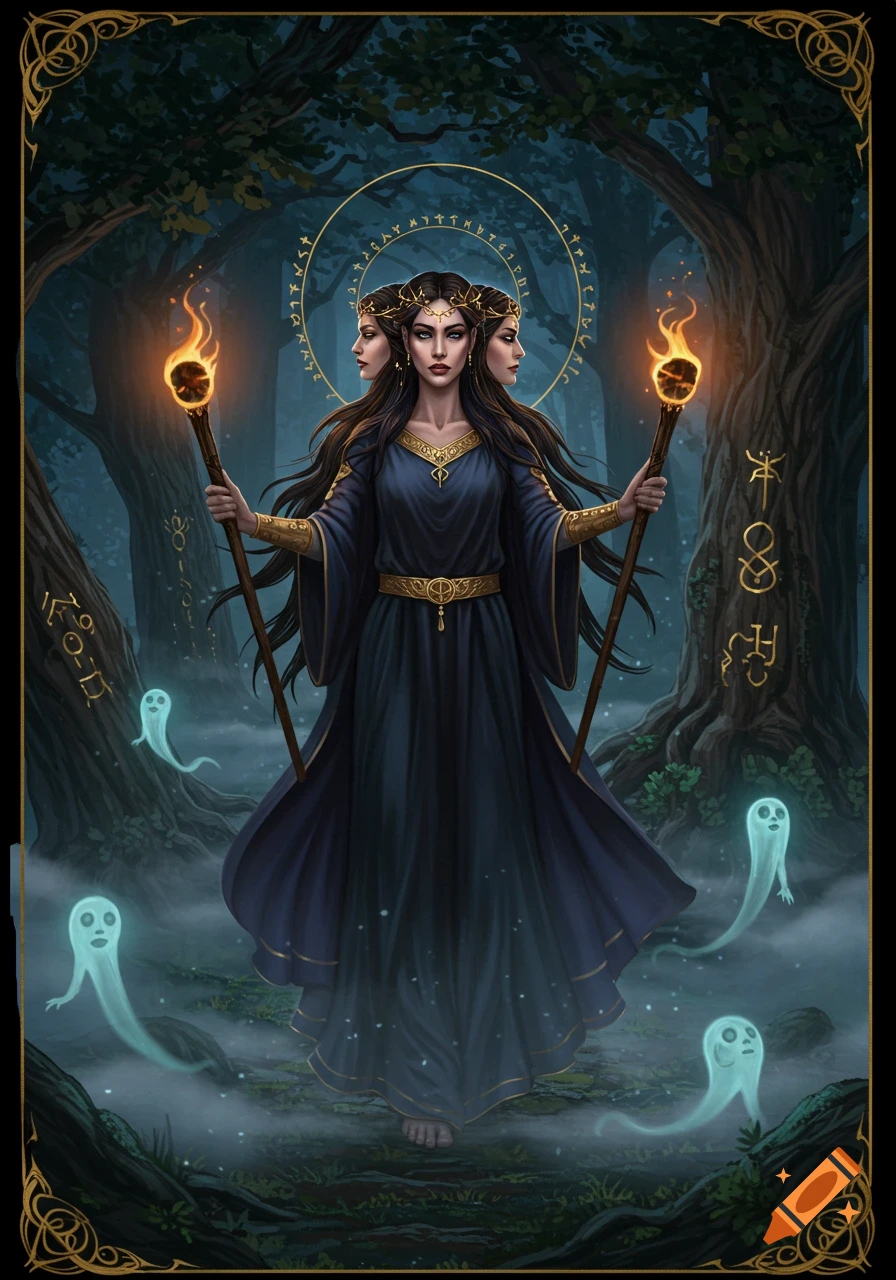Digital art of a three-headed goddess in a dark robe, holding flaming torches, surrounded by glowing ghosts in a misty forest.
