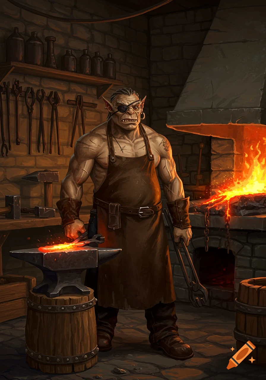Muscular orc blacksmith with an eyepatch hammers glowing metal on an anvil in a fiery forge. Fantasy illustration.
