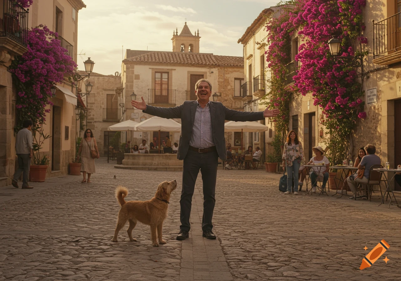 A man with outstretched arms laughs with a dog looking up at him in a sunny cobblestone town square with buildings and people.