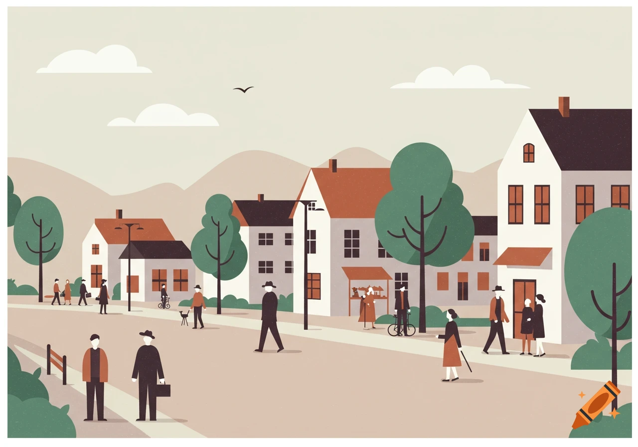 Minimalist flat design illustration of a small town street with stylized people walking, houses, and trees in muted colors.