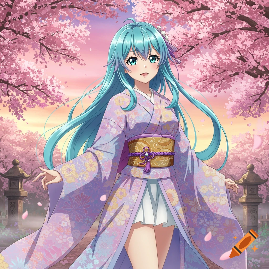 An anime girl with long aqua hair and blue eyes, wearing a floral purple kimono, stands smiling under pink cherry blossom trees.