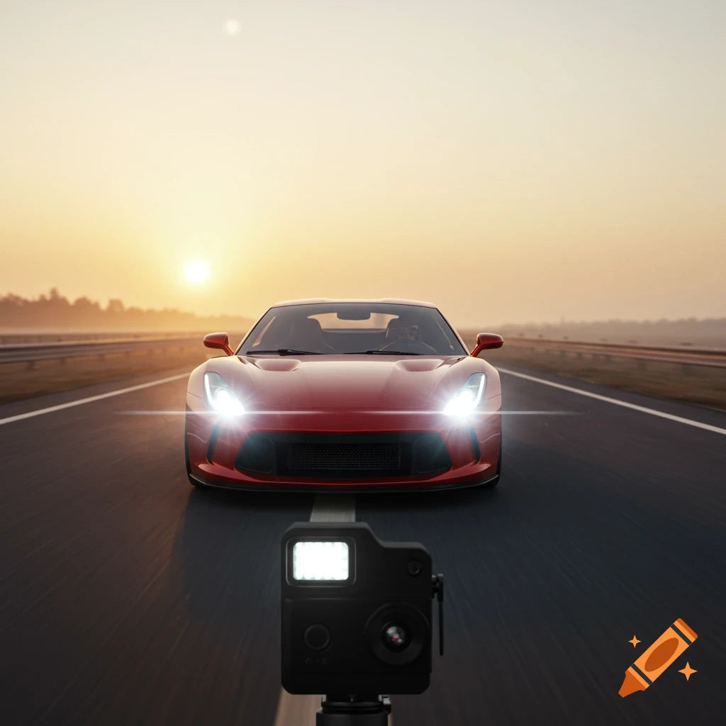 A red sports car with bright headlights on drives towards an action camera positioned on a highway at sunrise.