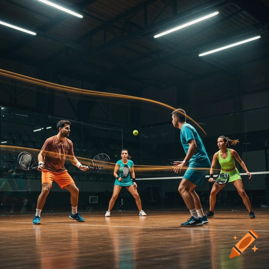 Four people playing paddle tennis on an indoor court, with motion blur streaks.