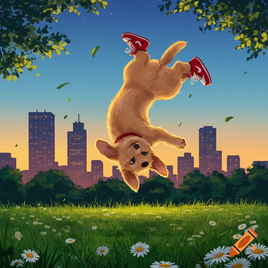 A cute cartoon puppy in red sneakers does a backflip over a grassy park with daisies and a city skyline at sunset.