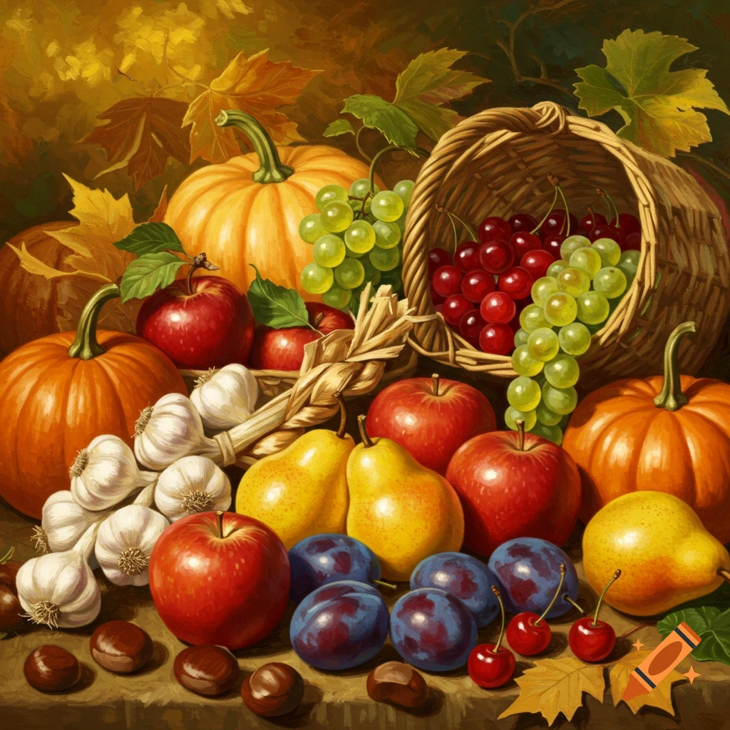 A painted still life of autumn harvest produce including pumpkins, apples, pears, grapes, garlic, and plums in a basket.