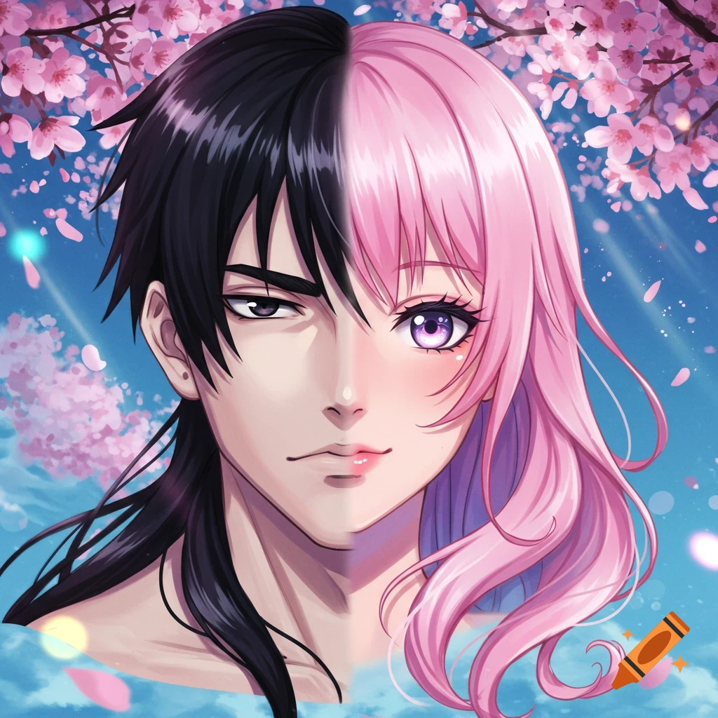 Stylized anime portrait of a face split down the middle, half male with black hair and half female with pink hair, against a cherry blossom sky.