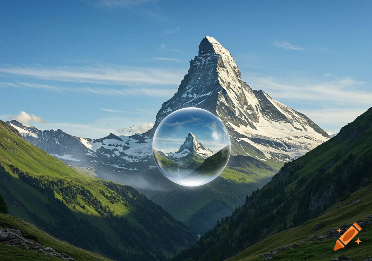 Majestic snowy mountain above green valleys, with a glass sphere reflecting the mountain in the foreground.