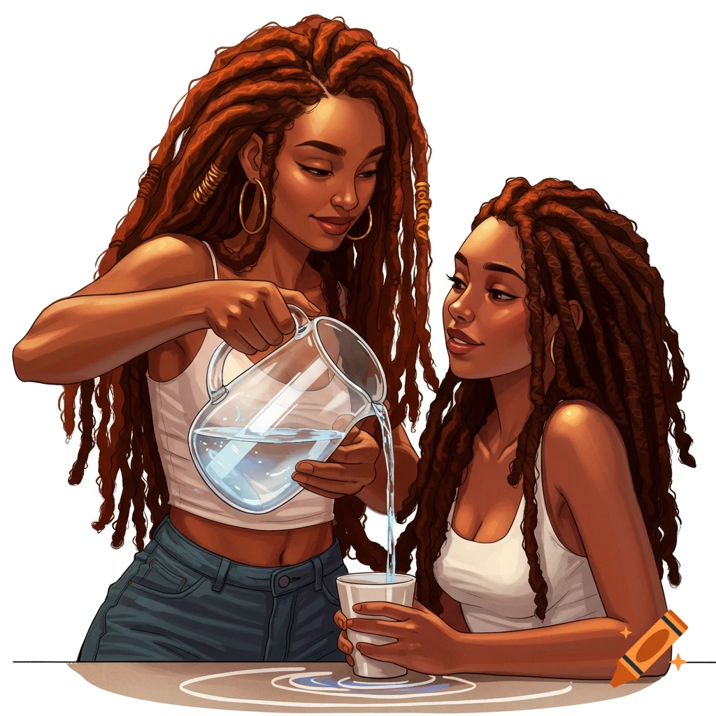 Illustrated image of a woman with locs pouring water into another woman's cup.