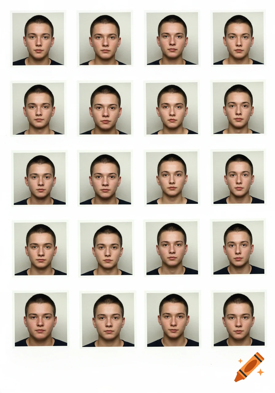 A grid of 16 identical photorealistic passport photos of a young person with a buzz cut.