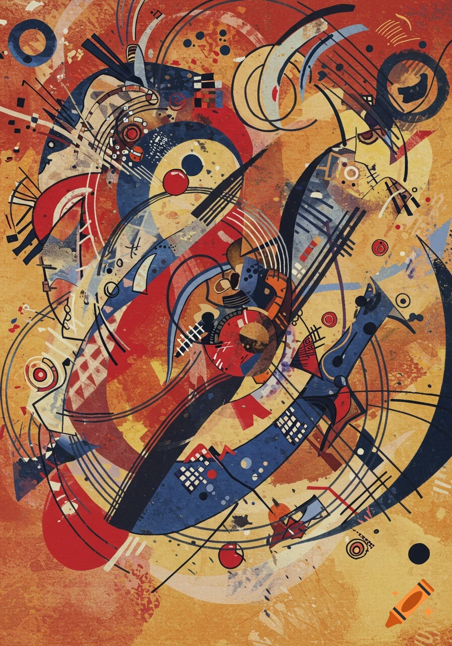 Vibrant abstract painting in the style of Wassily Kandinsky, featuring red, blue, and yellow geometric shapes and lines on a textured background.