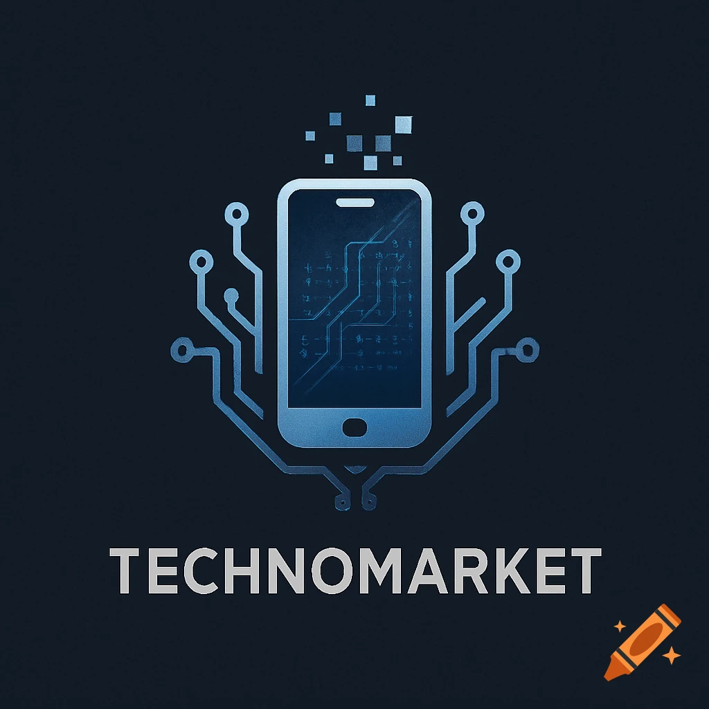 A blue and silver "TECHNOMARKET" logo featuring a stylized smartphone surrounded by circuit board lines and digital pixels on a dark background.
