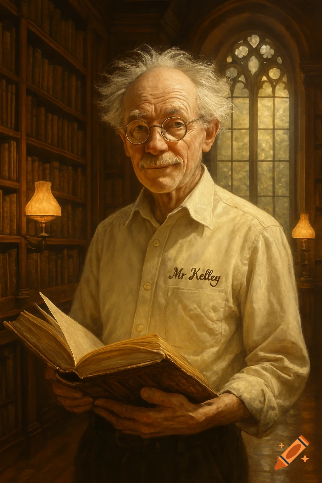 Elderly man with glasses and mustache, wearing a light shirt with "Mr Kelley" printed on it, reading an open book in a library. Oil painting style.