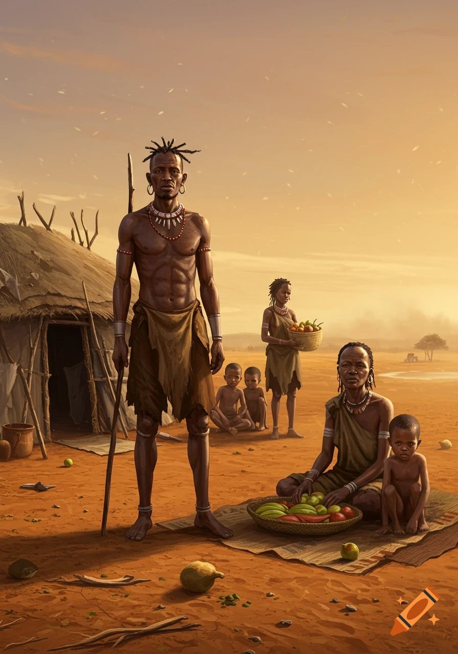 An illustration of an African nomadic family, including adults and children, in a desert settlement with a hut and gathered food.