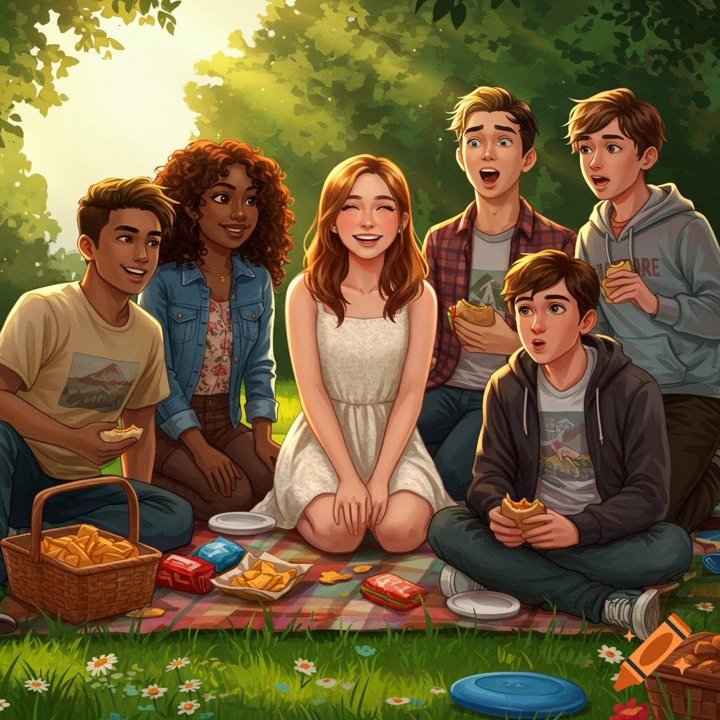 Six diverse friends are happily sharing food during a summer picnic on a plaid blanket in a lush, sun-dappled park in a vibrant illustration style.