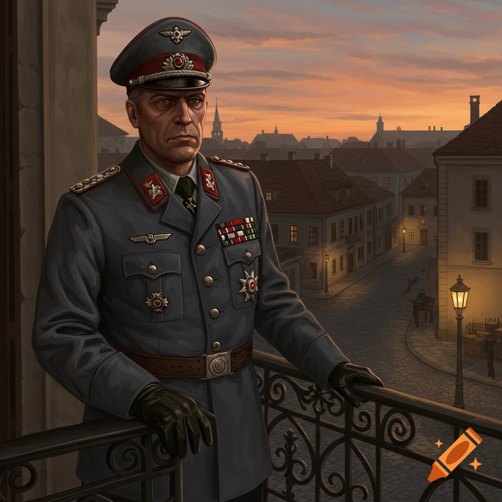 A man in a gray military general uniform stands on a balcony looking over a city at sunset in a realistic illustration.