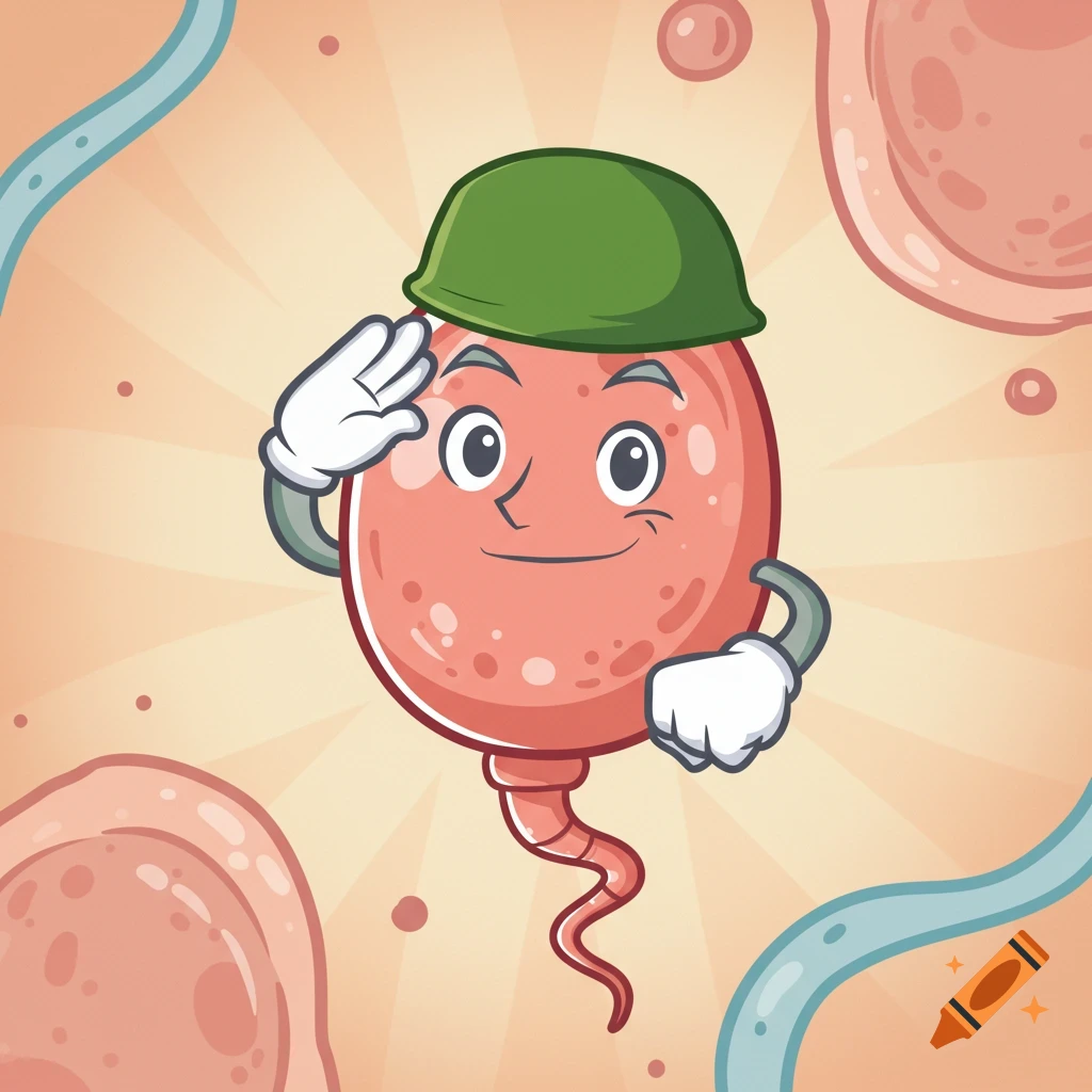Cartoon sperm cell wearing a soldier hat and saluting, with a smiling face.