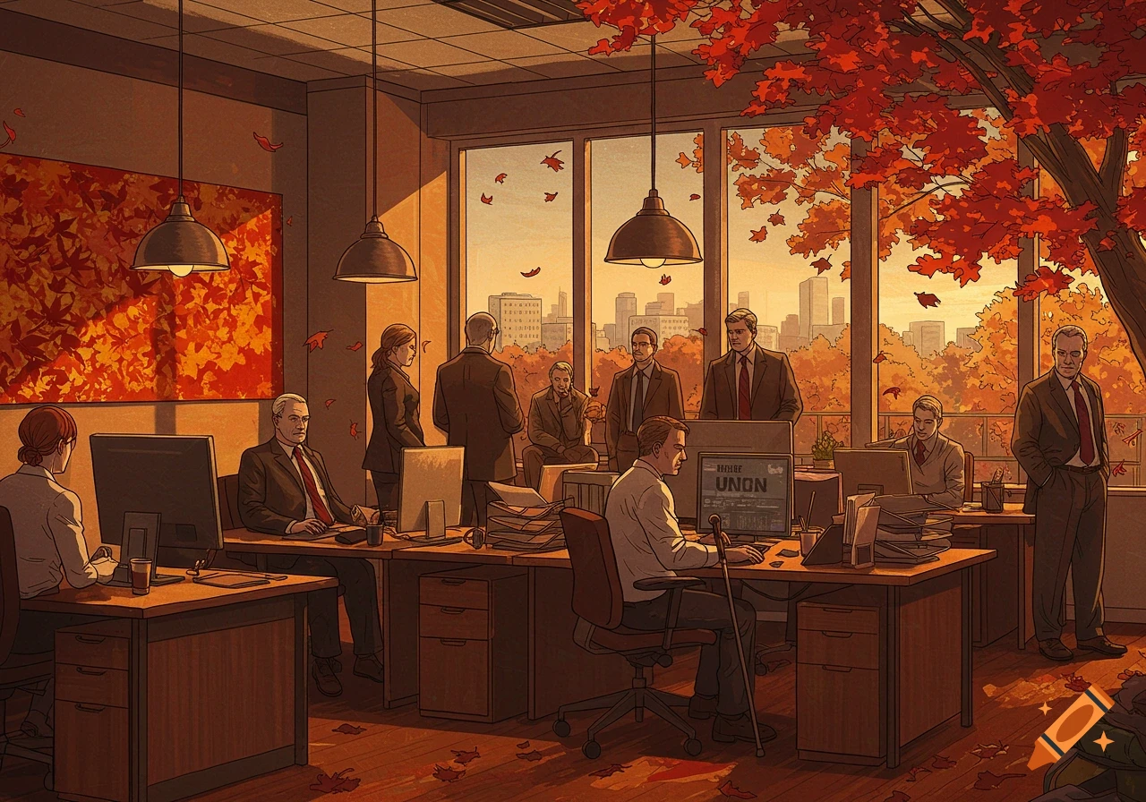 An office interior filled with people working at desks. Autumnal colors dominate the scene, with red leaves falling outside and inside through large windows overlooking a city. Stylized illustration.