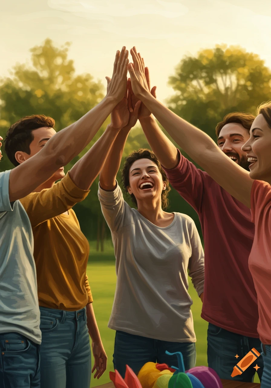 Five smiling friends give a high-five outdoors in a bright, painterly style.