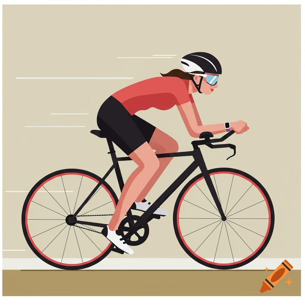 A sporty woman in a helmet and goggles rides a racing bicycle in a flat illustration style.