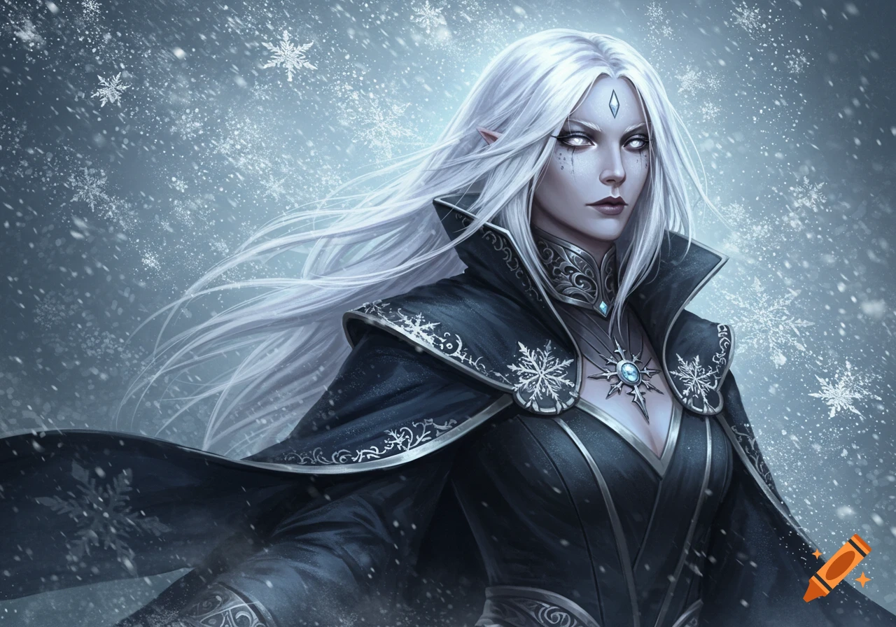 Digital art of an ethereal ice elf with long white hair, pale skin, and glowing white eyes, wearing dark, ornate robes with snowflake patterns amidst falling snow.