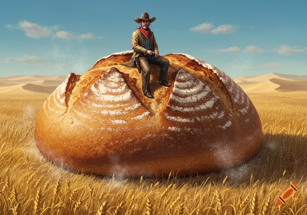 An illustrated cowboy sits atop a giant loaf of sourdough bread in a golden wheat field with desert dunes.