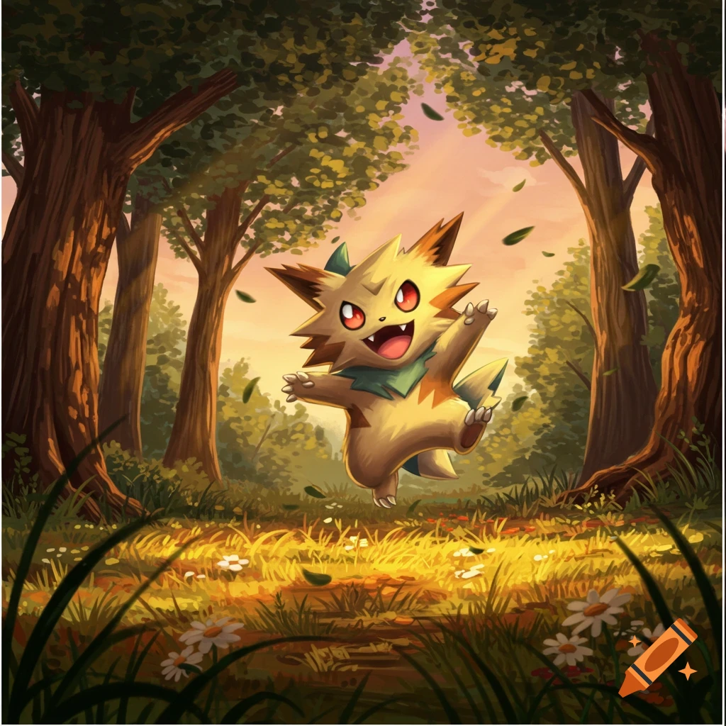 A happy, spiky brown and yellow creature jumps joyfully in a sunlit forest with falling leaves and white flowers, cartoon style.