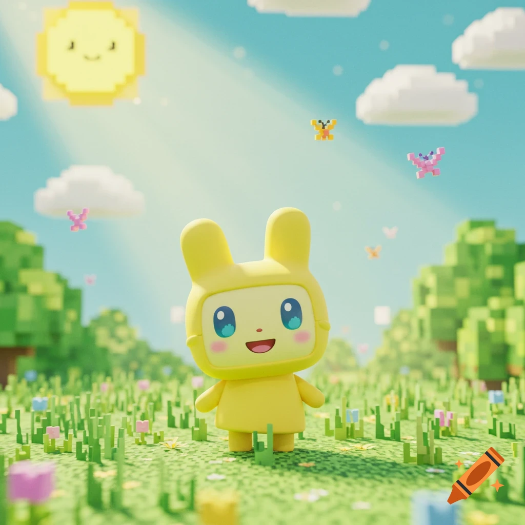 A cute yellow bunny-like character stands in a vibrant pixel art field with trees, clouds, a smiling sun, and butterflies.