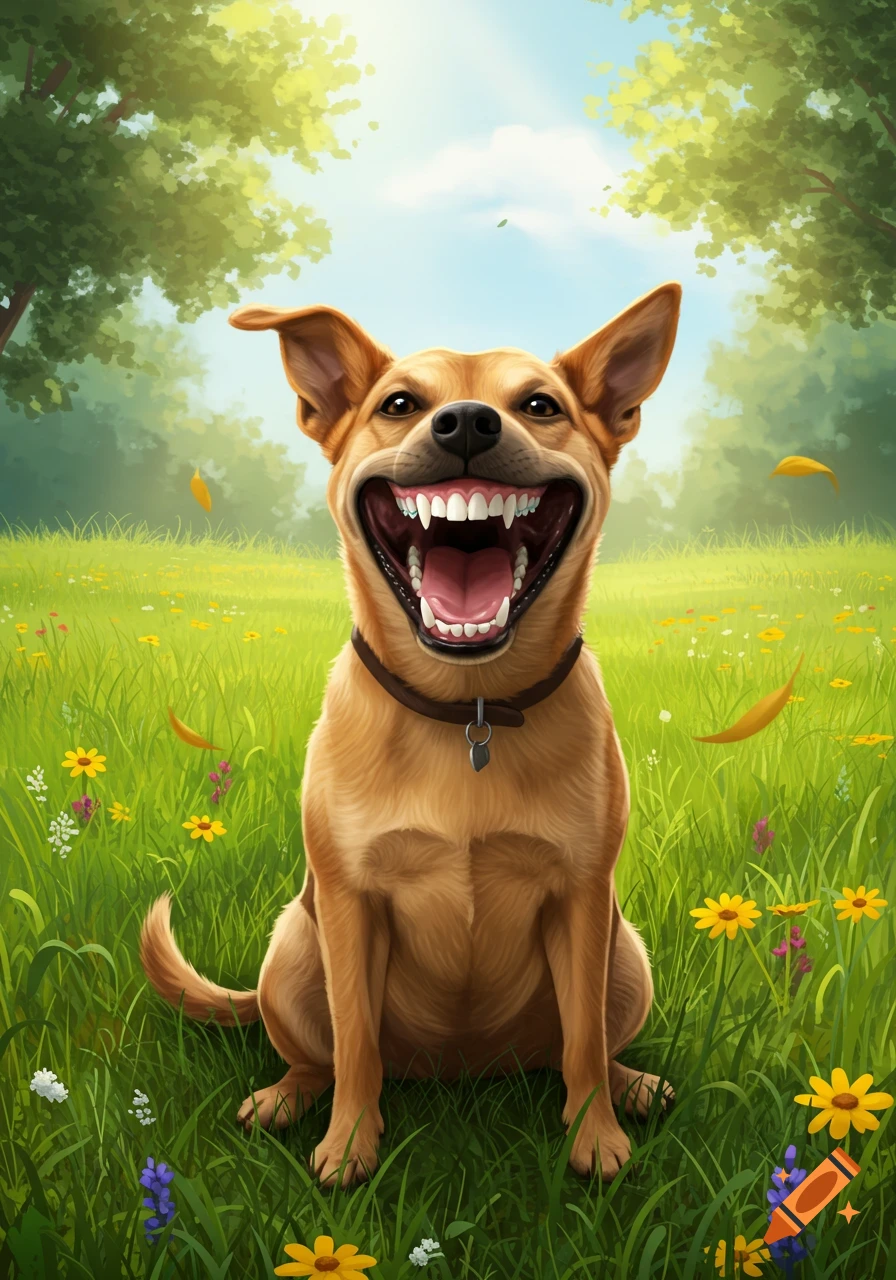 A tan dog with bright white teeth sits smiling widely in a sunny green field with wildflowers and trees.