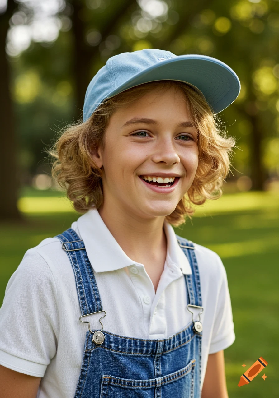 A cheerful boy with wavy blonde hair and a light blue baseball cap smiles widely in a sunlit park, wearing denim overalls.