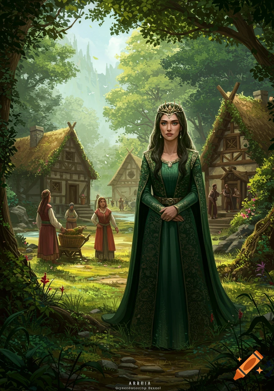 A queen in a green dress stands in a vibrant, lush medieval fantasy village with thatched-roof houses and villagers.