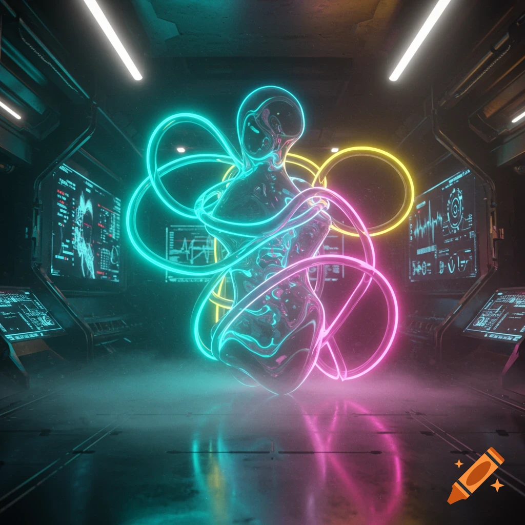 Glowing abstract humanoid figure intertwined with neon rings in a futuristic sci-fi lab with data screens.