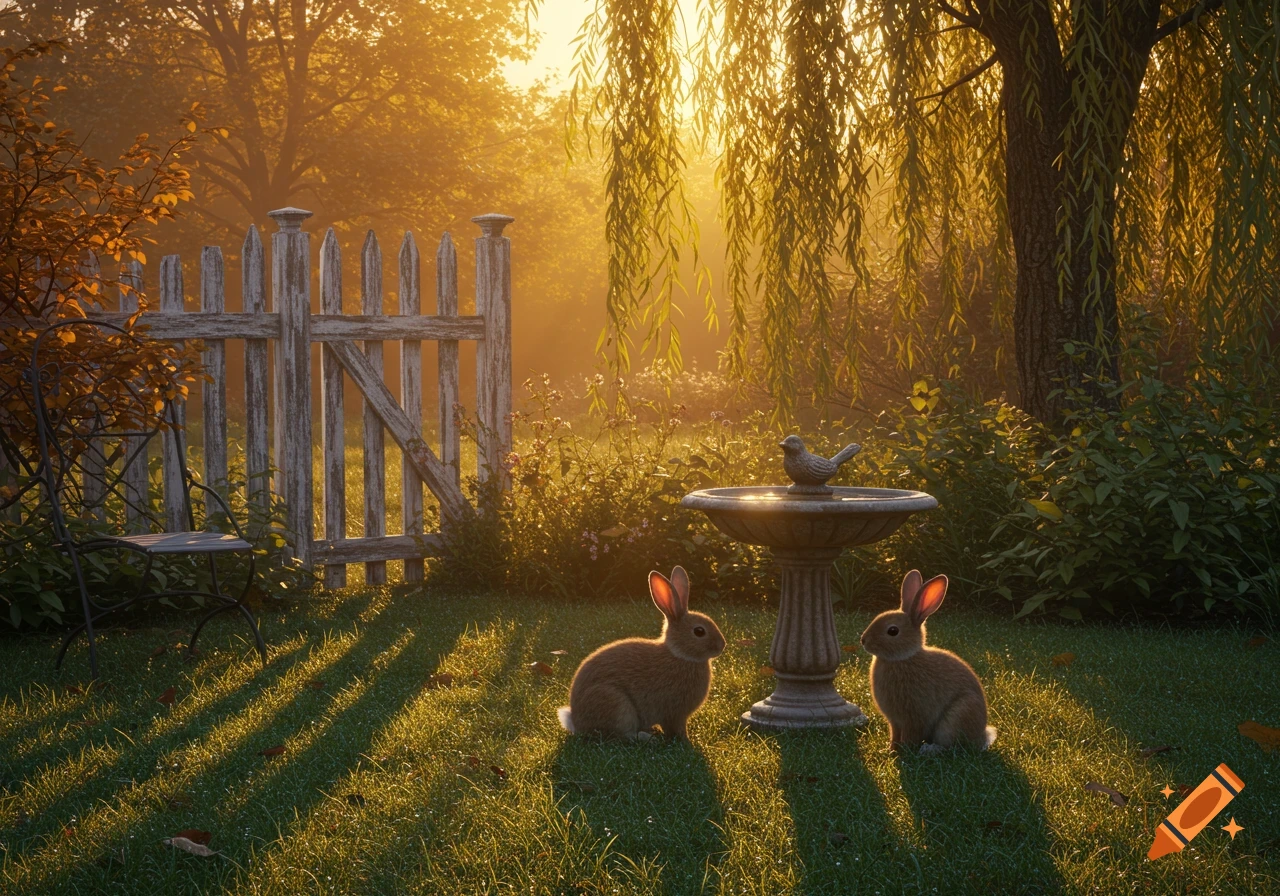 Two brown bunnies sit in a sunlit garden with a birdbath, white picket fence, and weeping willow tree at sunrise, early fall.