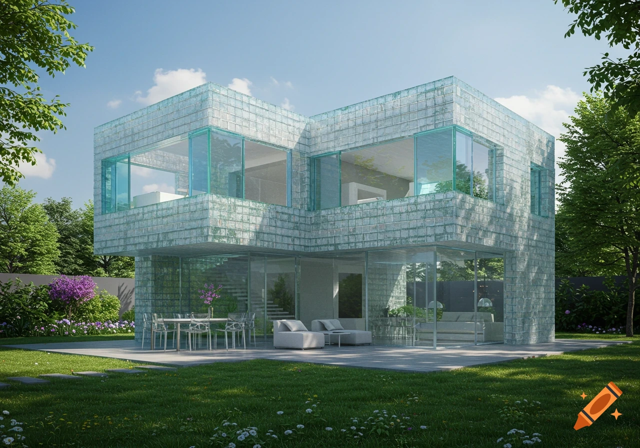 A modern two-story house constructed from glass bricks and large windows, set in a green lawn with trees and flowers.