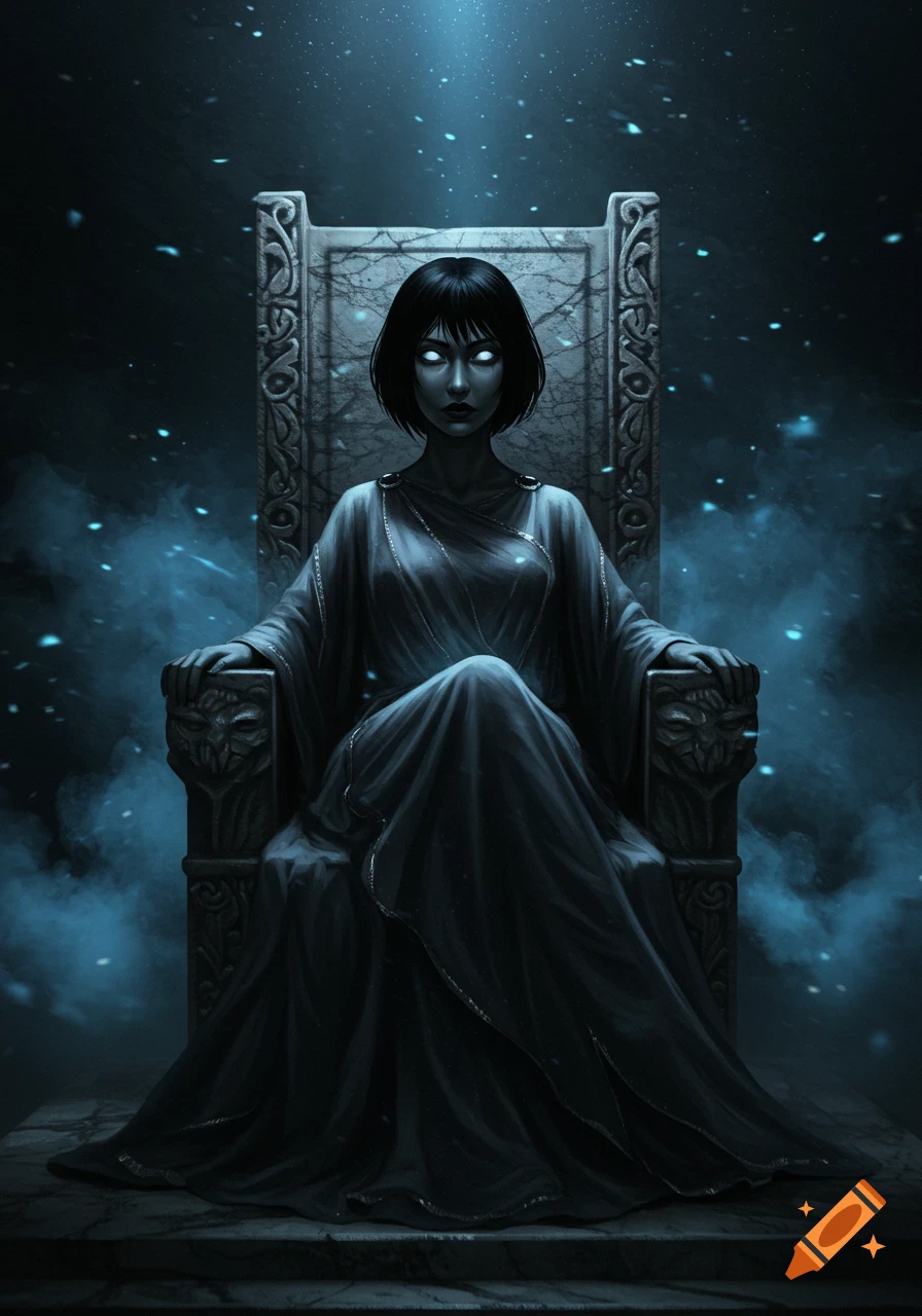 A dark fantasy illustration of a woman with short black hair and glowing white eyes, seated on an ornate stone throne amidst blue mist and particles.