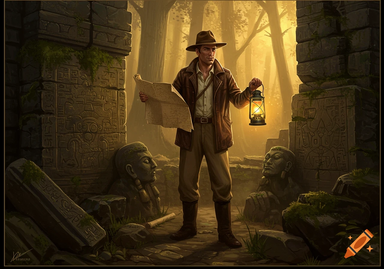 An archaeologist in a fedora and leather jacket holds a map and lantern amidst ancient, overgrown jungle ruins.