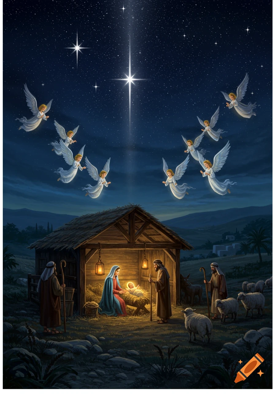 Classical illustration of the Nativity: Mary, Joseph, and baby Jesus in a manger, with shepherds, sheep, and angels under a starry night.