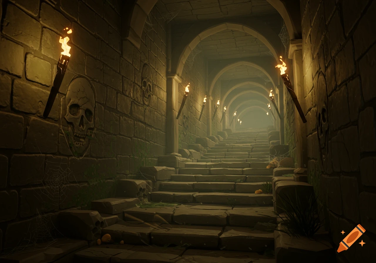 A dark, stylized stone staircase descends into an eerie dungeon tunnel, lit by torches and featuring skull carvings on the walls.