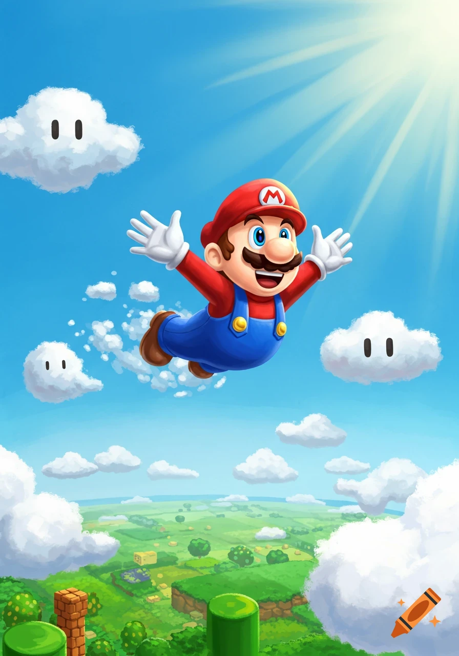 Mario flying in a bright blue sky above a green landscape with white clouds, in a cheerful cartoon style.