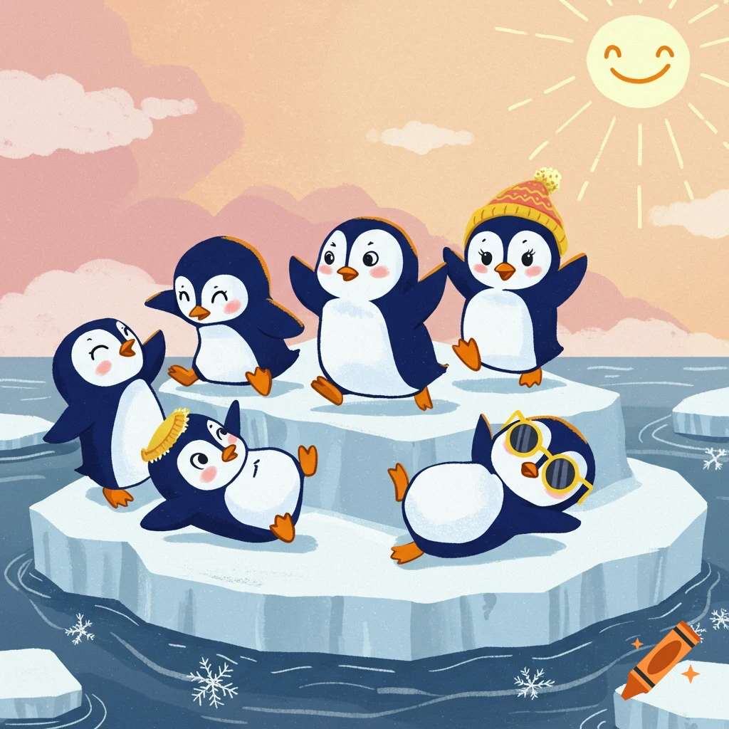 Six cheerful cartoon penguins playing on icebergs in sunny water. One wears a hat, another sunglasses, and one has a brush on its head.
