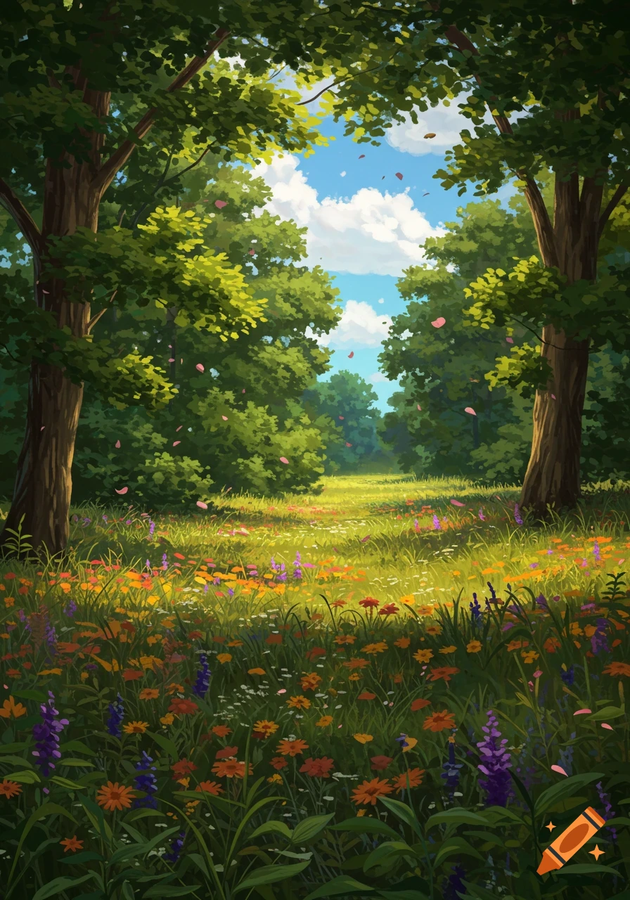 Illustrative summer forest glade with colorful wildflowers under a blue sky, pink petals falling.
