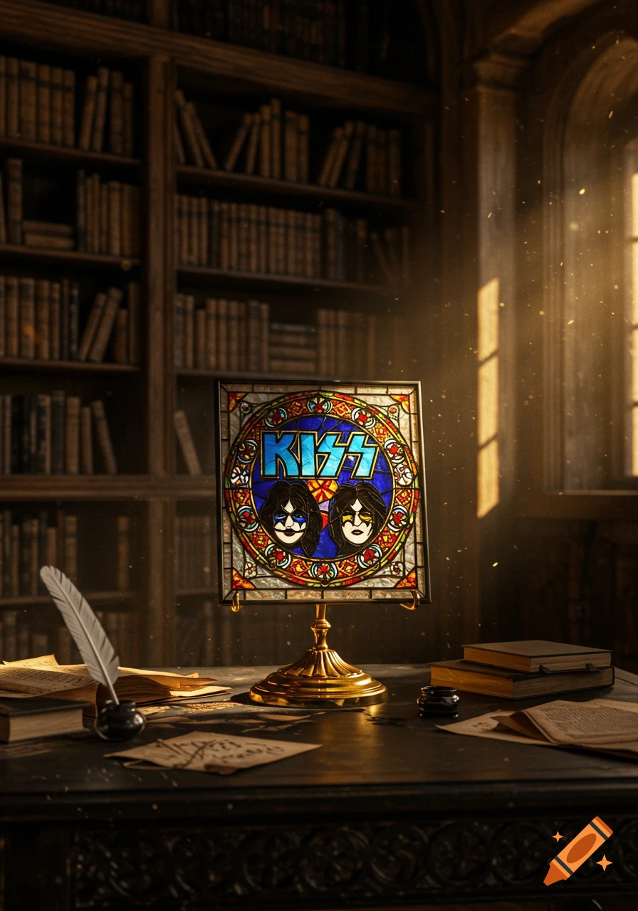 Stained glass art of the KISS logo and two band members' faces on a stand, on a dark table in a sunlit, dusty library.