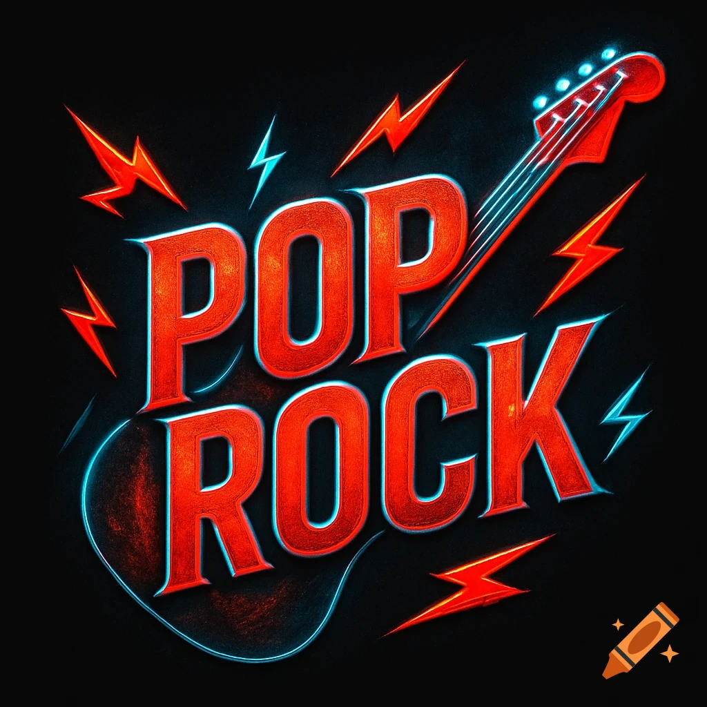 3D red text 'POP ROCK' with blue neon outlines, stylized electric guitar, and lightning bolts on a dark background.