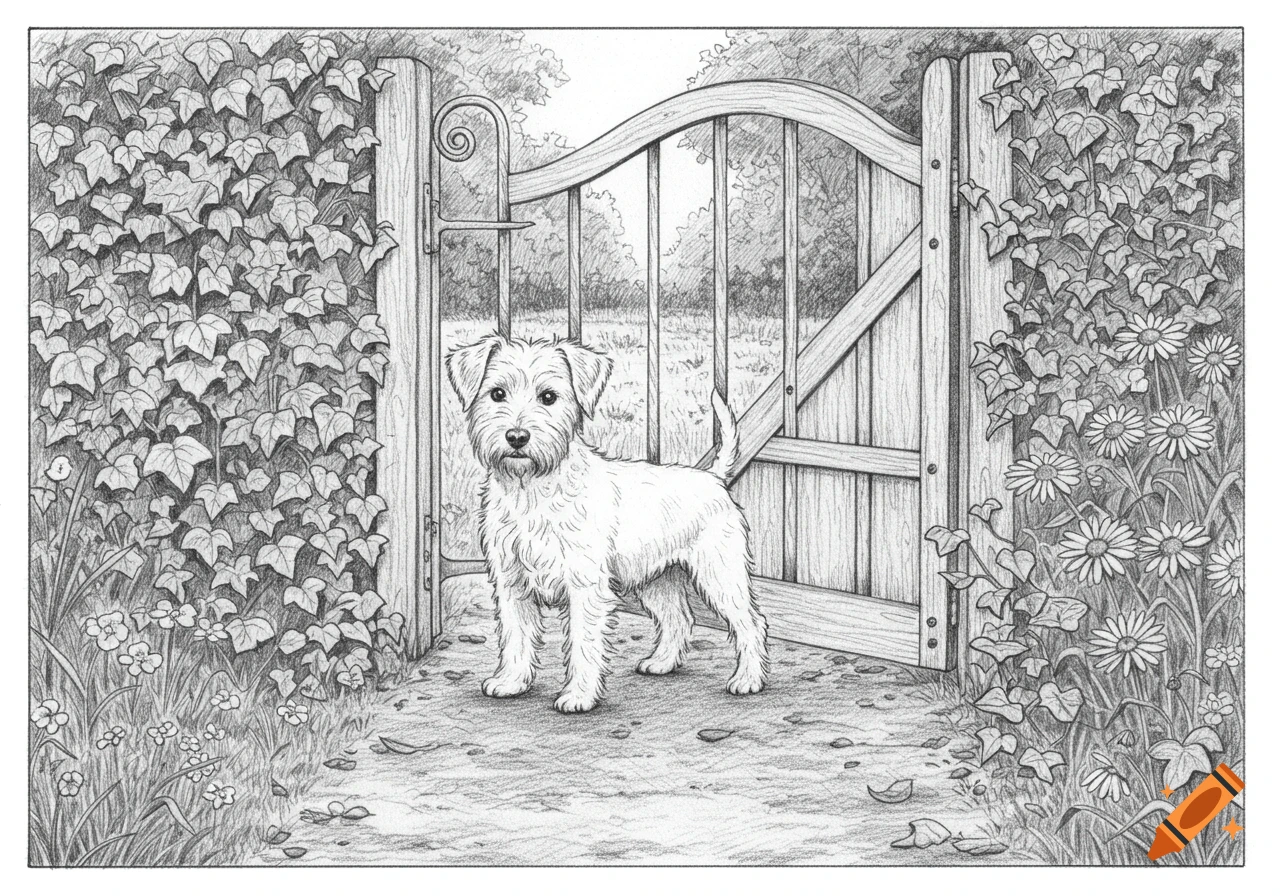 A pencil line drawing of a small white wire-haired dog standing in front of an open garden gate, surrounded by foliage and flowers.