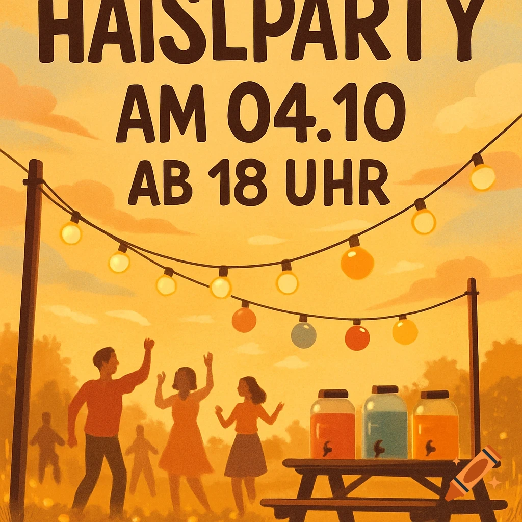 Stylized illustration of an outdoor party with dancing people, string lights, and drinks under an orange sky. Text: Haislparty am 04.10 ab 18 Uhr.
