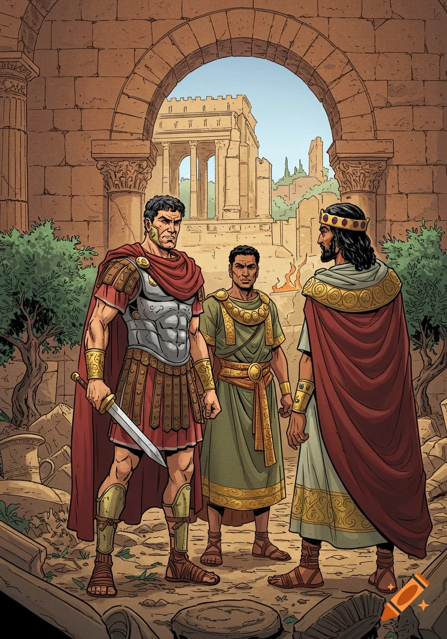 Comic art of a Roman general, a Numidian king, and a third figure in ancient ruins.