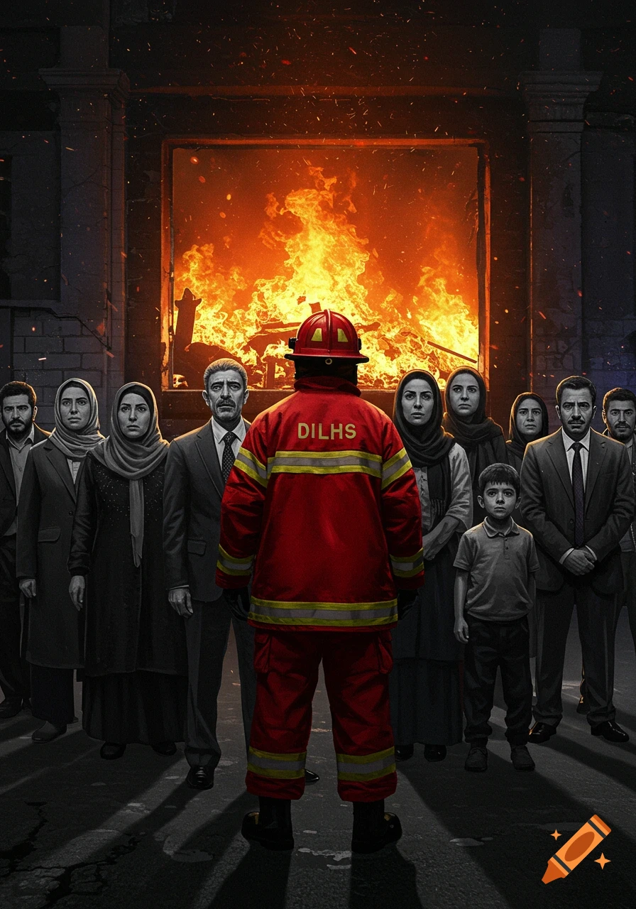 Firefighter in red gear faces a burning building. A solemn group of diverse people in grayscale stand behind them.