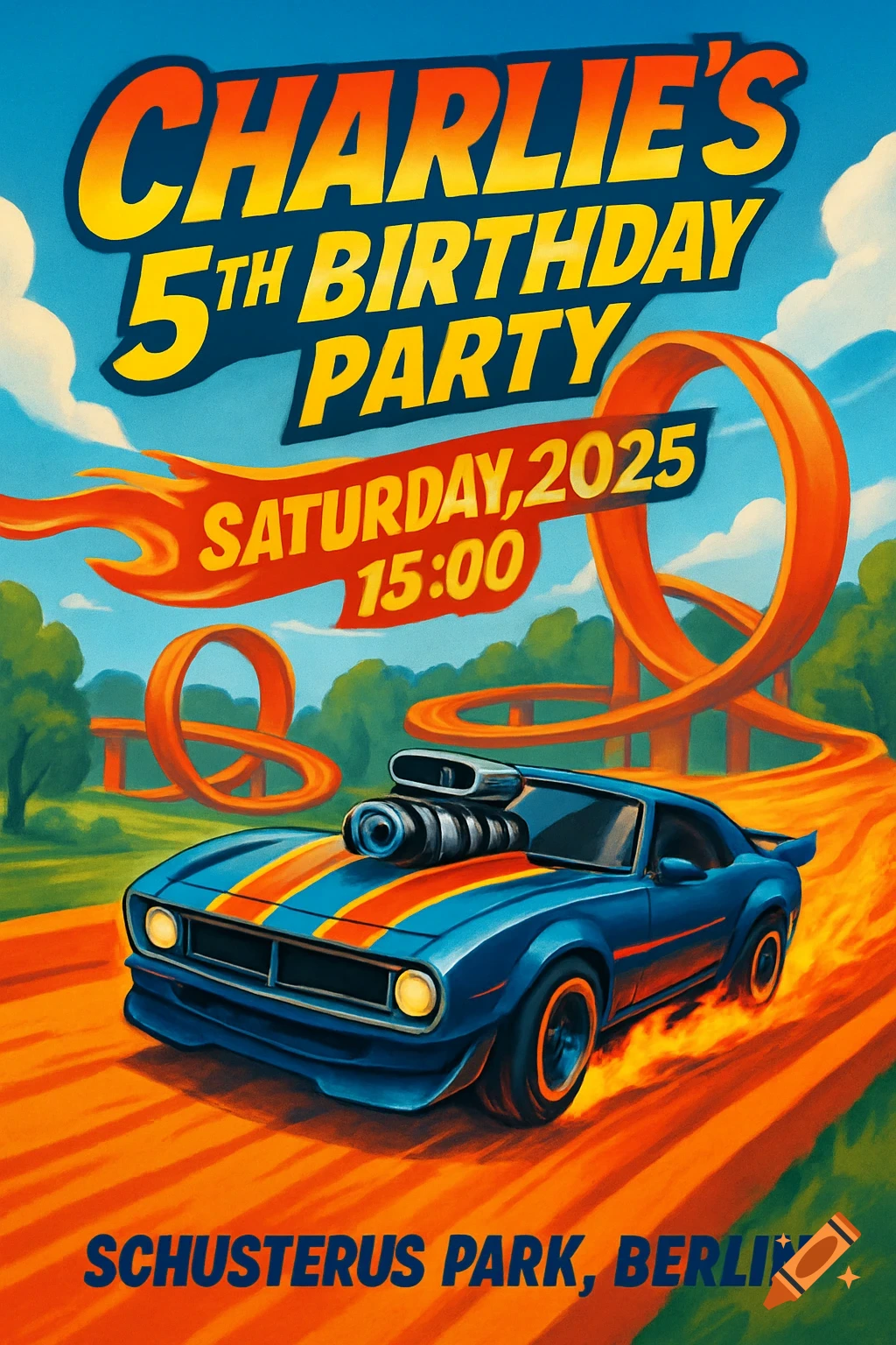 A colorful Hot Wheels style birthday invitation with a blue race car on an orange track with loops, text for Charlie's 5th Birthday Party.