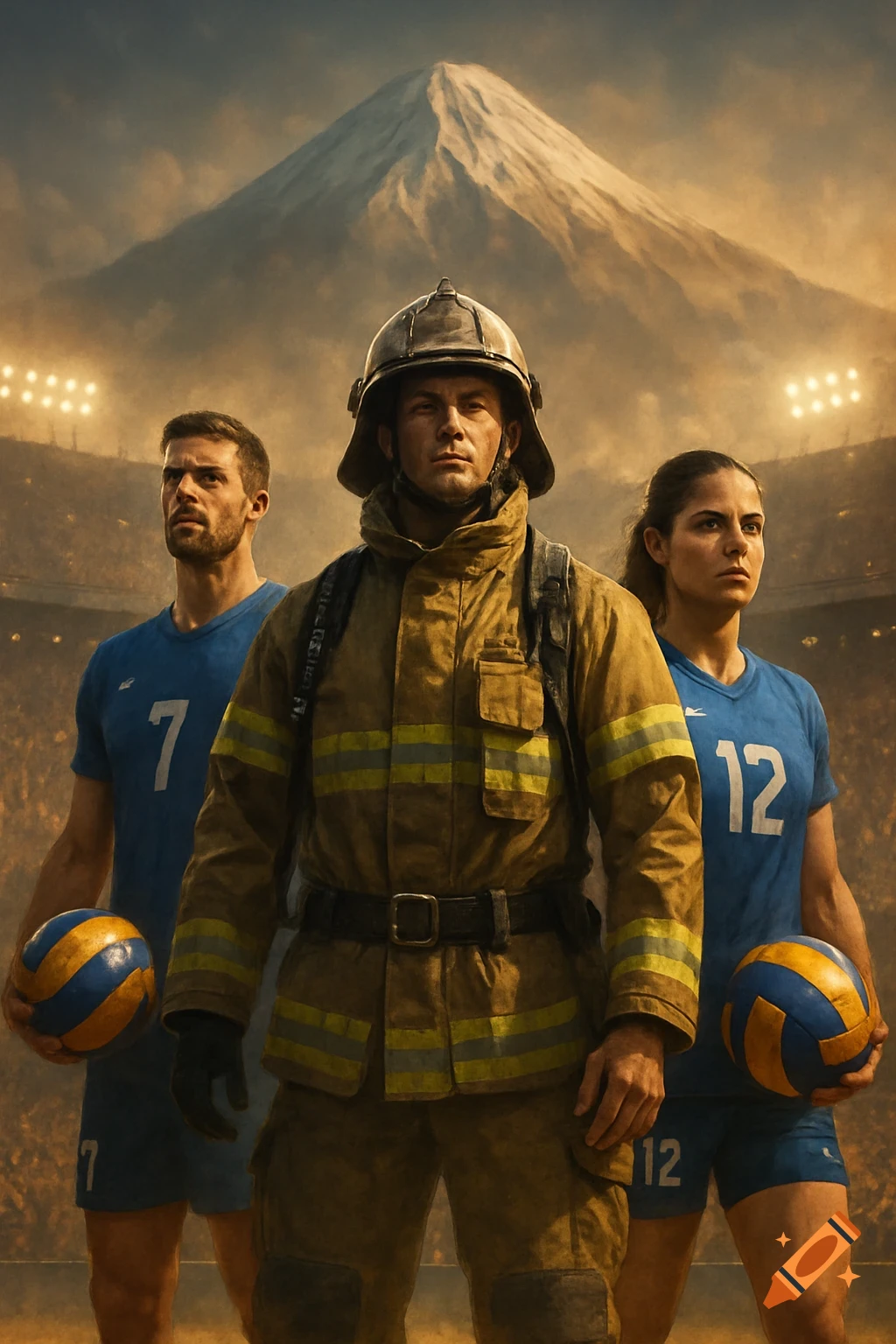 A central firefighter in gear stands between two volleyball players in blue jerseys, holding volleyballs. Mount Damavand looms in the background of a stadium.