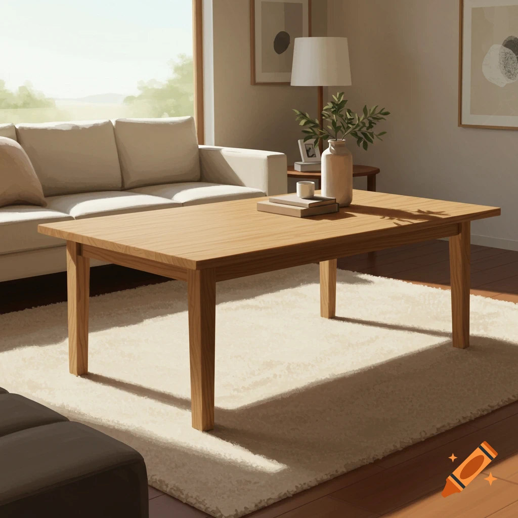 A bright, minimalist living room with a wooden coffee table, a cream sofa, and a large window overlooking greenery.