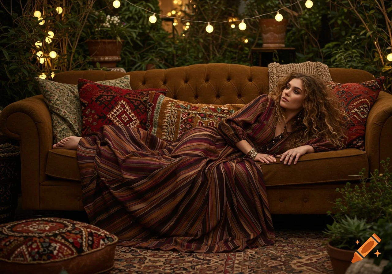 A photorealistic image of a boho female in a striped dress reclining on a sofa amidst potted plants and string lights.